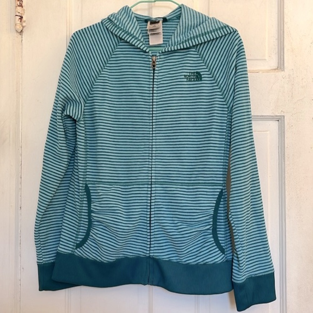 The North Face girls blue-teal striped fleece hoodie jacket in size large/14-1